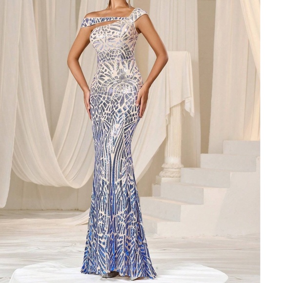 Luxe Sequin One Shoulder Mermaid Hem Party Evening Formal Wedding dress - Picture 3 of 5